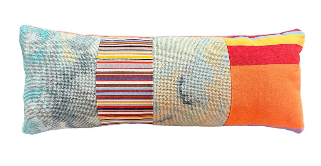 "Clouds" Vintage Tapestry, French Stripe, and Velvet Cushion