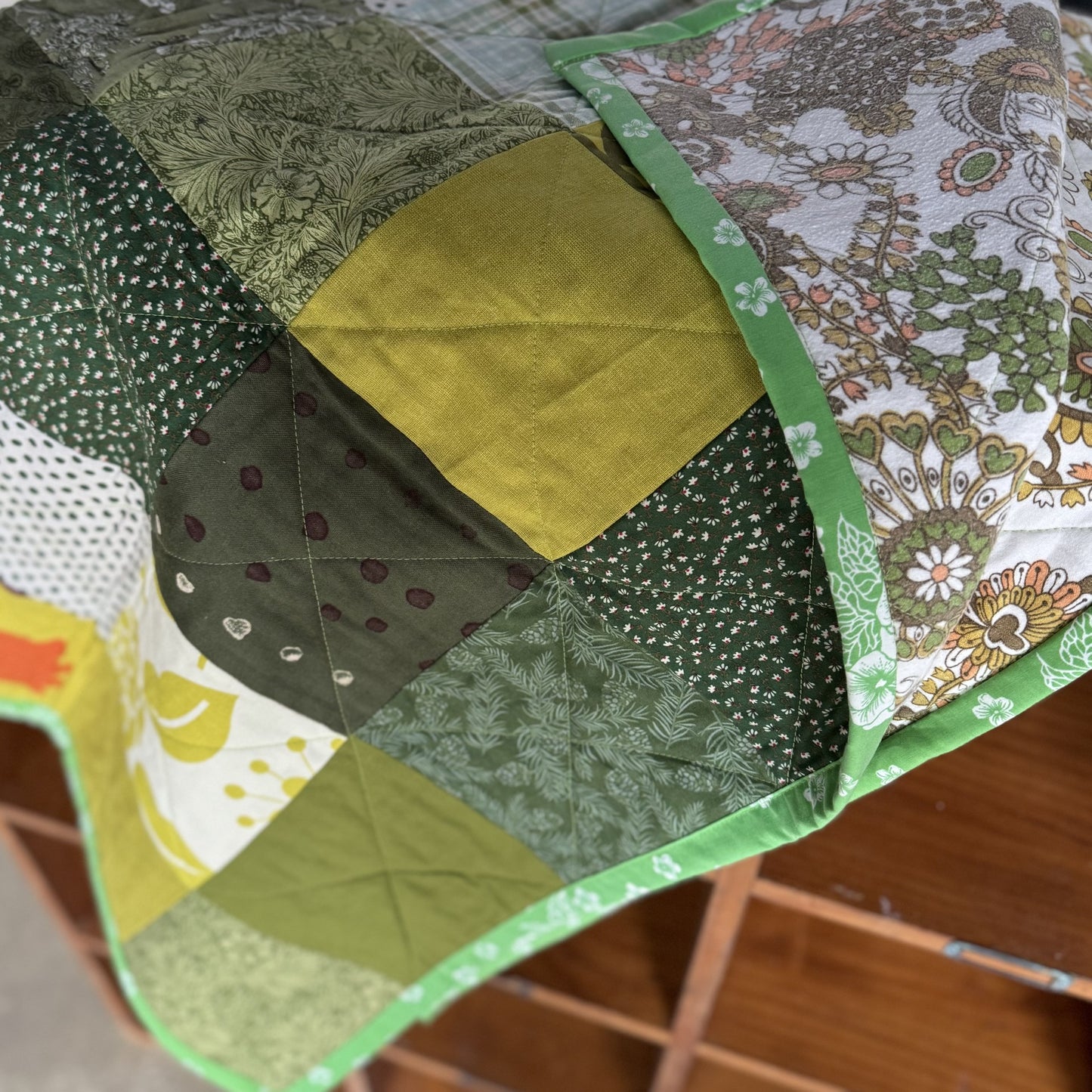 "Spring Green" New and Upcycled Fabric Sofa Quilt