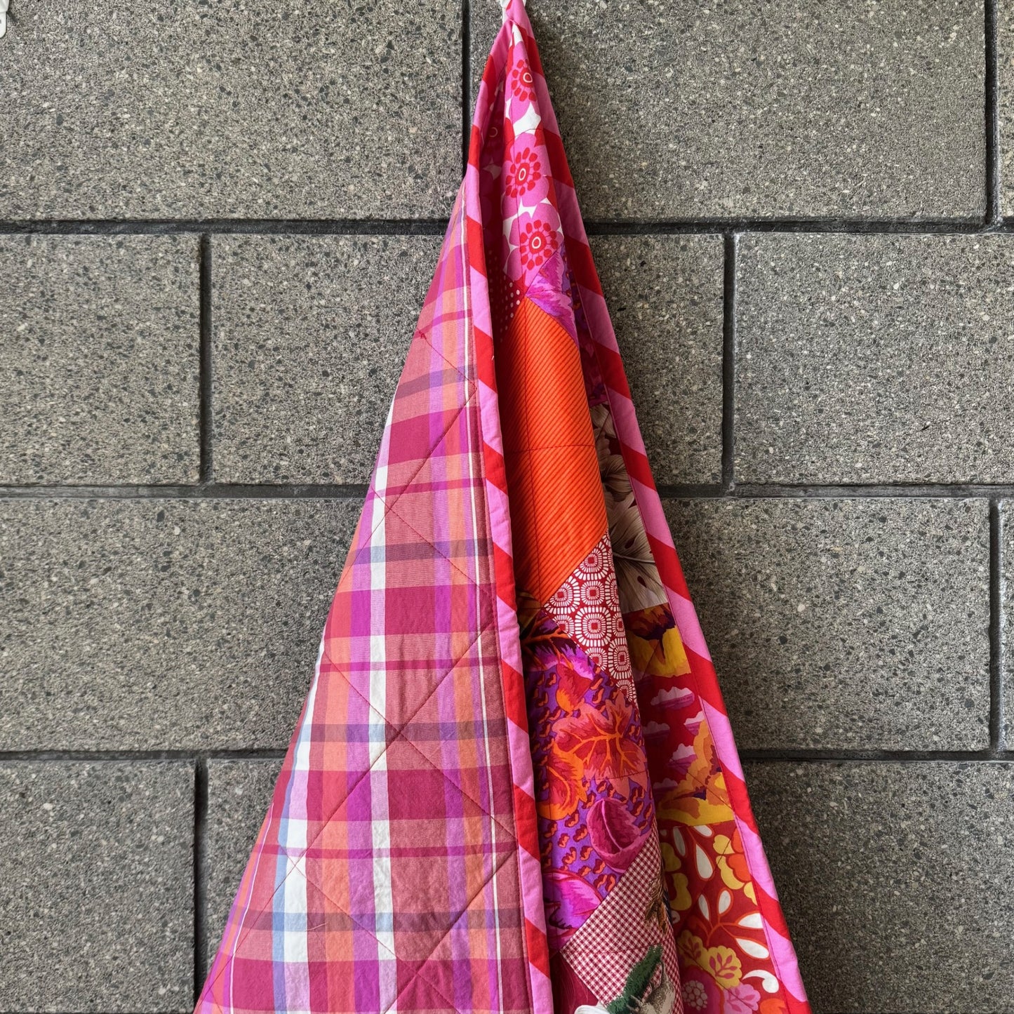"In the Red" New and Upcycled Fabric Sofa Quilt