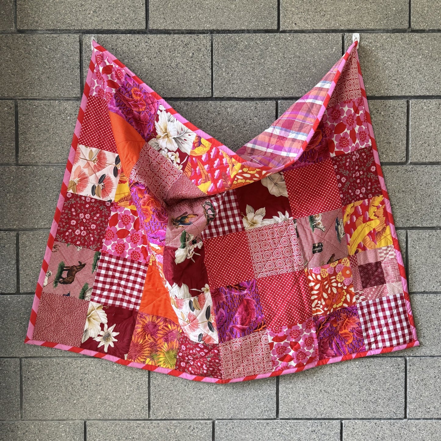 "In the Red" New and Upcycled Fabric Sofa Quilt